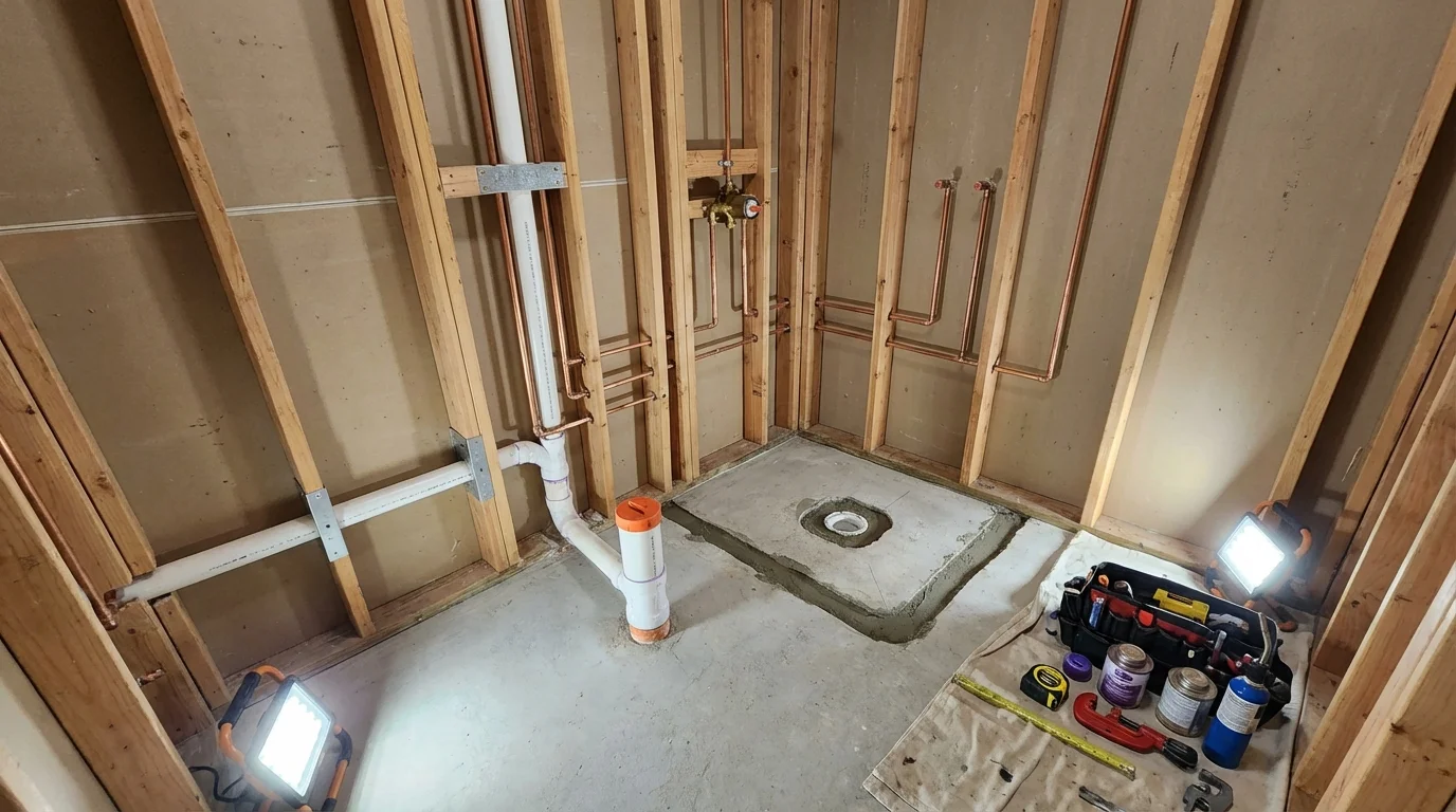 Bathroom rough-in plumbing during remodel by Johns Plumbing LLC in Middlesex