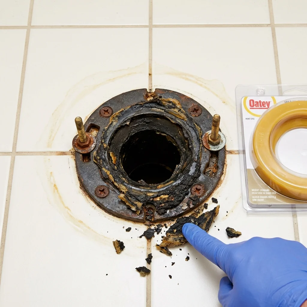 Failed wax ring showing water seepage at the base of a toilet in a Middlesex, NJ home